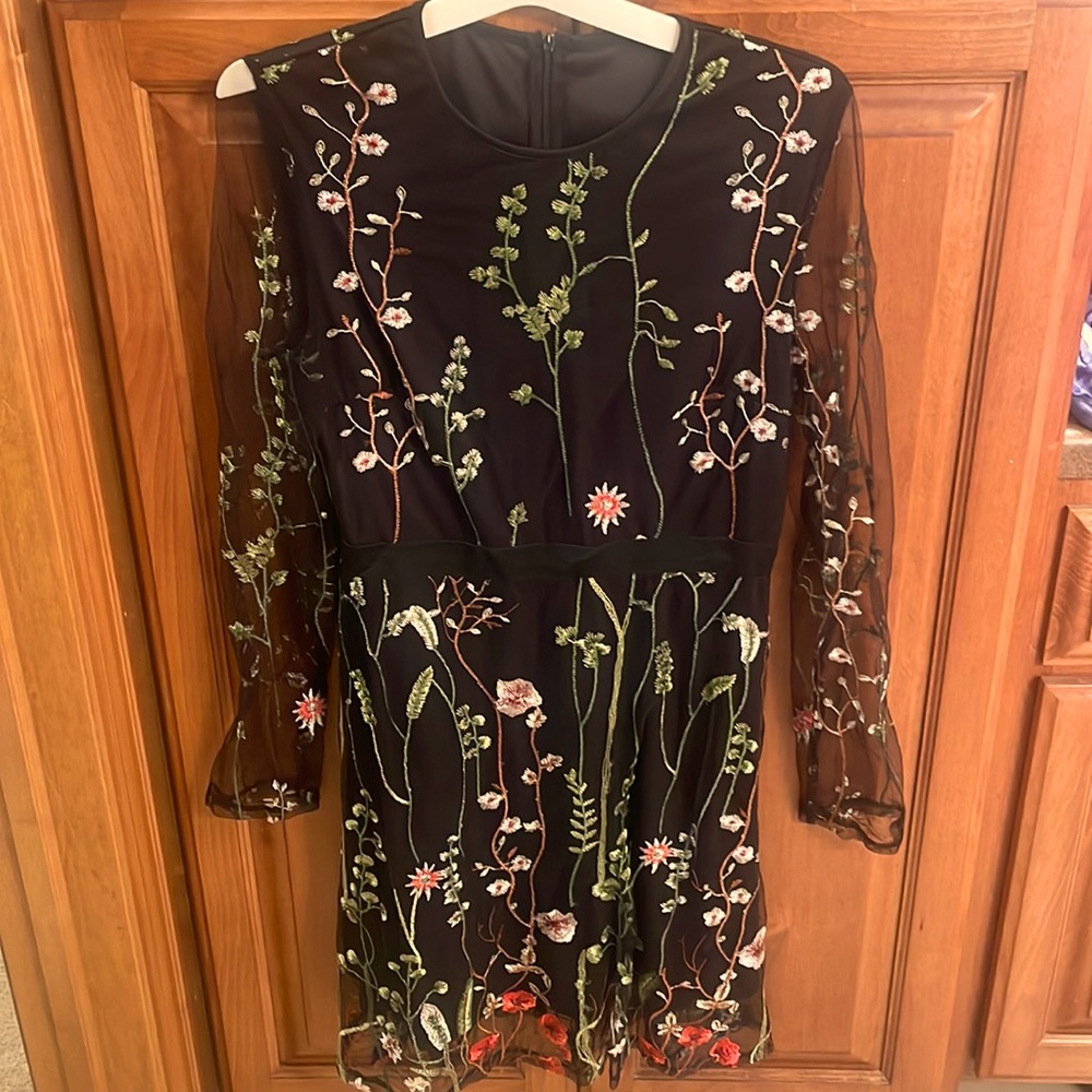 Floral sheer sleeve black cocktail dress